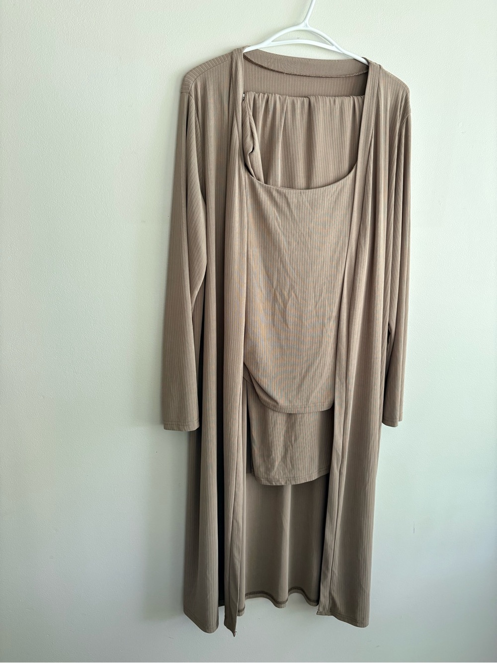 Women's Taupe Ribbed Loungewear Set - Sleeveless Top & Long Cardigan